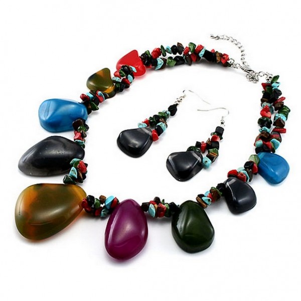 Beaded Resin & Chipstones Necklace & Earrings Set - Multi Colors - NE-UNE12203MUL