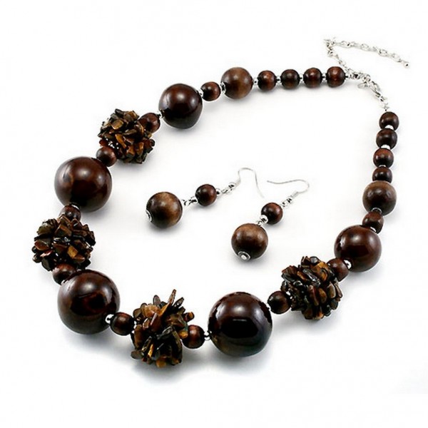Ceramic, Wood & Chipstones Necklace & Earrings Set - Brown - NE-UNE12209BRW