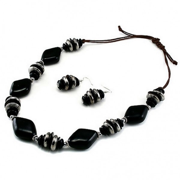 Faux Stone Beads Necklace & Earrings Set - Black - NE-UNE12276BLK