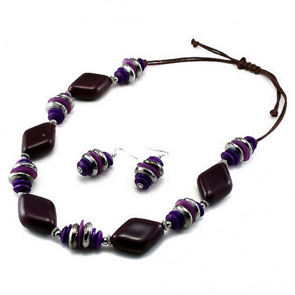 Faux Stone Beads Necklace & Earrings Set - Purple - NE-UNE12276PURP