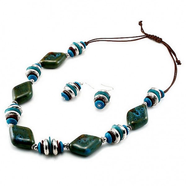 Faux Stone Beads Necklace & Earrings Set - Teal / Brown Colors - NE-UNE12276TBR