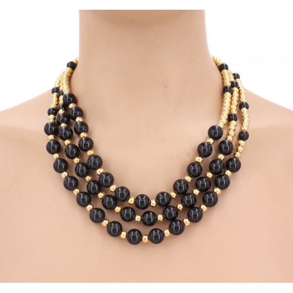 Multi Chain Onyx W/Golden Beads Necklace + Earrings Set - NE-WNE1009