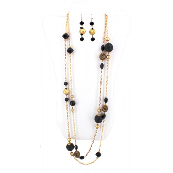 Gold TOne Chain W/Faux Onyx Beads Necklace + Earrings Set - NE-WNE1010