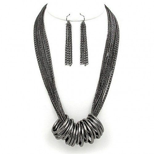 Multi Chain Strand w/ Multi Rings Necklace & Earrings Set - Hematite - NE-WNE25506HEMA