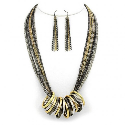 Multi Chain Strand w/ Multi Rings Necklace & Earrings Set - Hematite - NE-WNE25506MULT