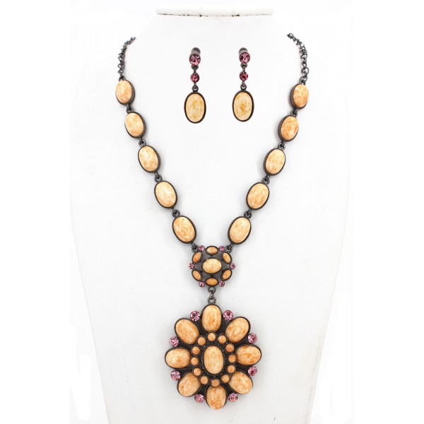 Faux Stone Necklace + Earrings Set - NE-WNE260BE