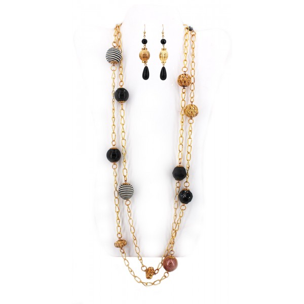 66" Gold Tone Chain W/ Faux Onyx Beads & Carving Beads Necklace + Earrings Set - NE-WNE286