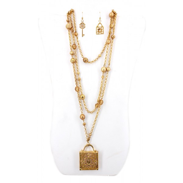 62" Cold Tone Chain W/Square Lock Charm NE+ER Set - NE-WNE338
