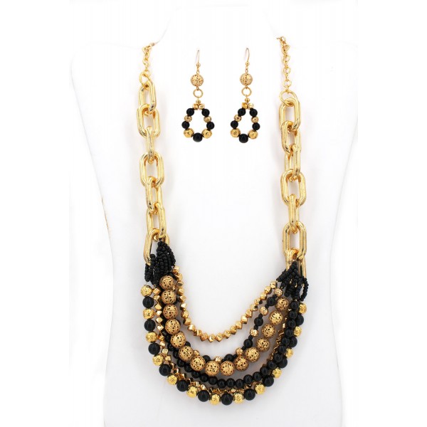 Multi Gold Tone Chain W/Faux Onyx Beads NE+ER Set - NE-WNE345