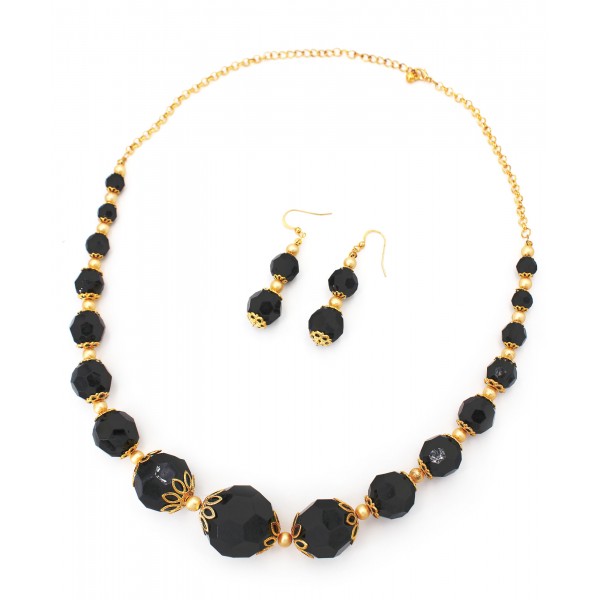 Gold Tone Chain W/Faux Onyx Beaded NE+ER Set - NE-WNE364