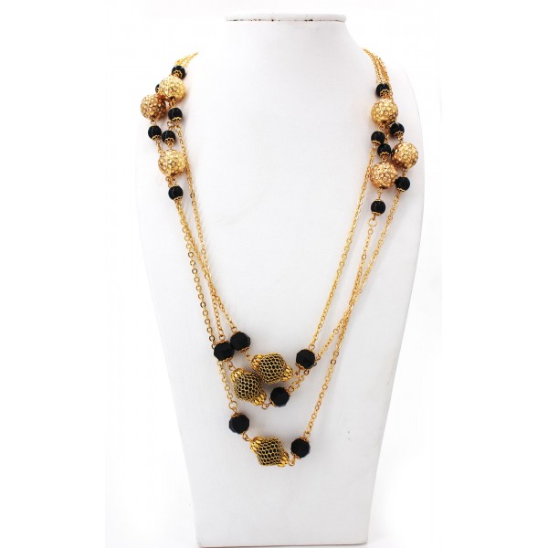 Gold Chain W/Meshed Onyx Beaded NE+ER Set - NE-WNE391