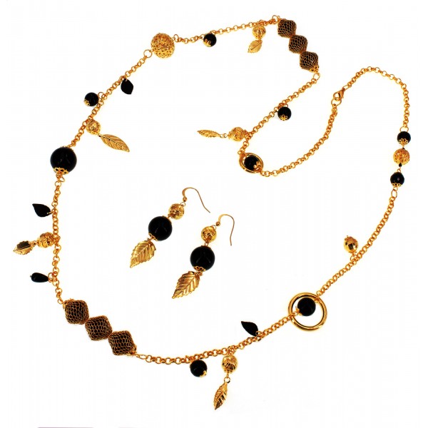 Gold Chain W/Meshed Onyx Beaded NE+ER Set - NE-WNE401