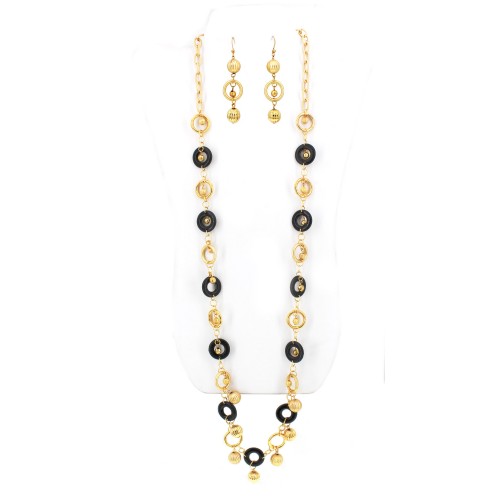 Necklaces Wholesale - 36" Long Gold+Black Loops Link NE+ER Set