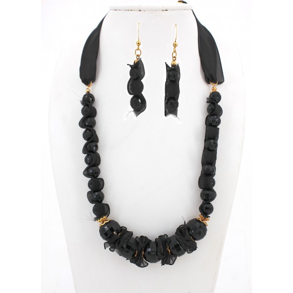 Black Onyx Beaded W/Lace NE+ER Set - NE-WNE424