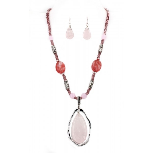 Semi-Precious Stone Necklace & Earrings Set - Rose Quartz  - NE-WS0738ASROQ