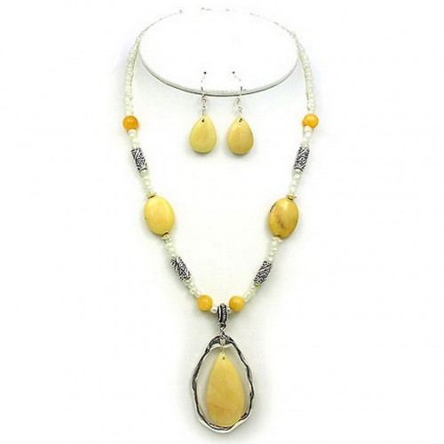 Semi-Precious Stone Necklace & Earrings Set - Yellow Quartz - NE-WS0738ASYEL
