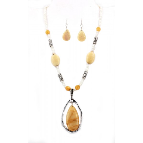 Semi-Precious Stone Necklace & Earrings Set - Yellow Quartz - NE-WS0738ASYEL