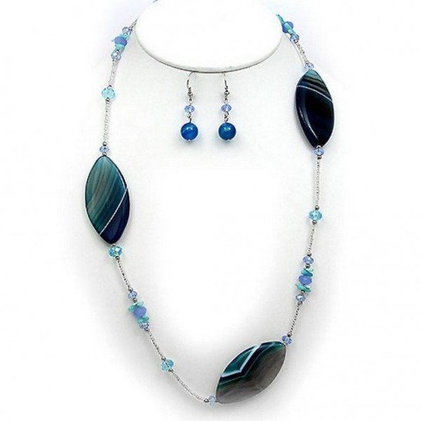 Semi-Precious Stone Necklace & Earrings Set - Multi-Shape Stones - Blue - NE-WS0755RDBLU