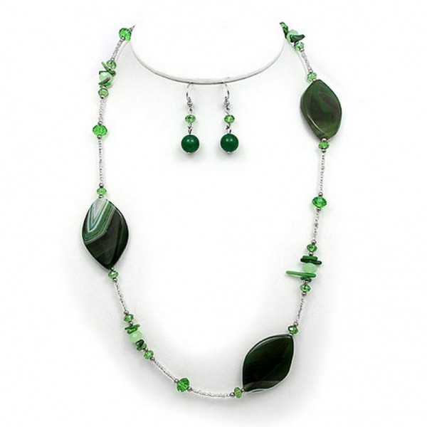 Semi-Precious Stone Necklace & Earrings Set - Multi-Shape Stones - Green - NE-WS0755RDGRN