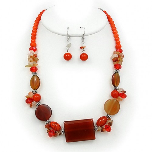 Semi Precious Stone Necklace & Earrings Set - Carnelian - NE-WS0834RDCAN