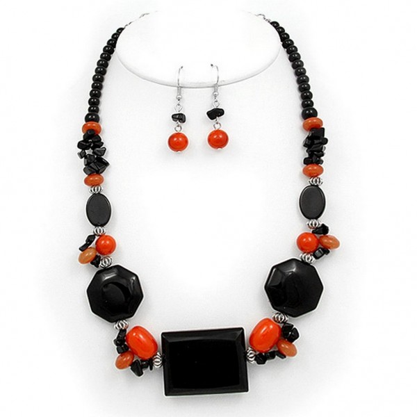 Semi Precious Stone Necklace & Earrings Set - Onyx - NE-WS0834RDONX