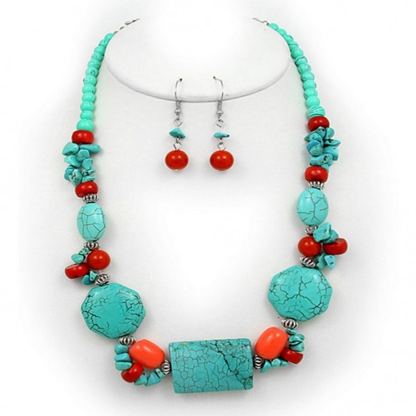 Semi Precious Stone Necklace & Earrings Set - Turquoise - NE-WS0834RDTQS