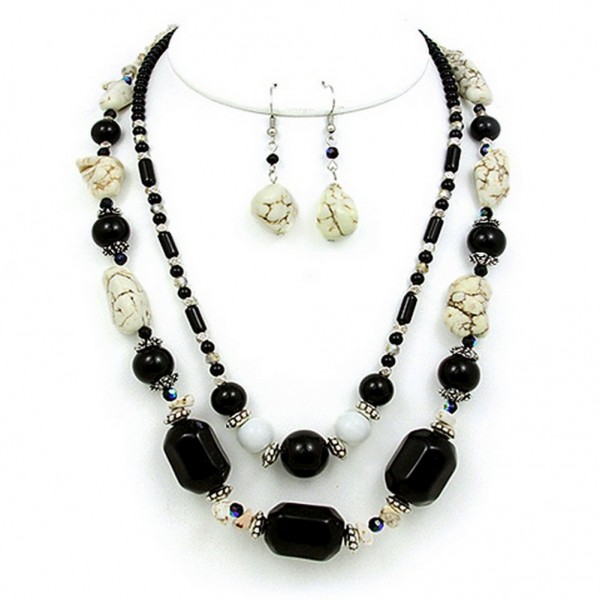 Semi Precious Stone Double Strand Necklace & Earrings Set - Onyx - NE-WS0835RDBLK