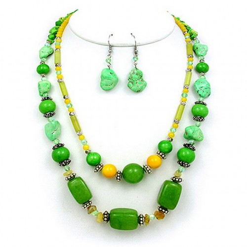 Semi Precious Stone Double Strand Necklace & Earrings Set - Green - NE-WS0835RDGRN