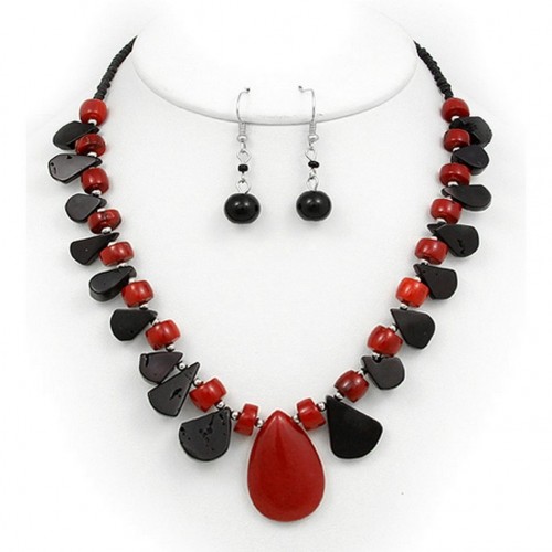 Semi Precious Stone Necklace & Earrings Set - Onyx - NE-WS0846RDONX