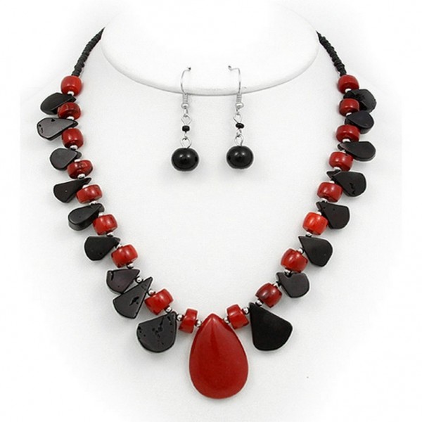 Semi Precious Stone Necklace & Earrings Set - Onyx - NE-WS0846RDONX