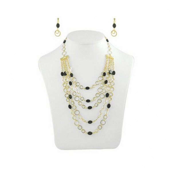 Multi Gold Chain w/ Black Stone Necklace + Earrings Set - NE-YCS2006GB