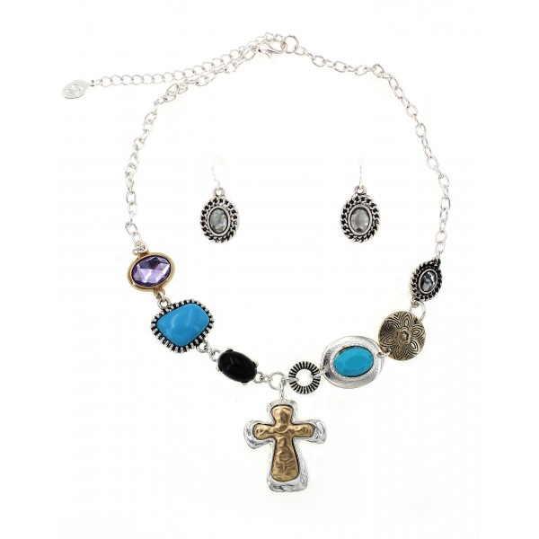 Western Style - Casting Cross Charm Necklace & Earrings Set - NE-ACQS1035