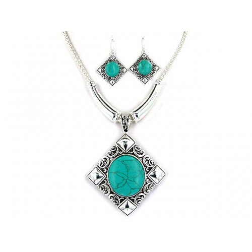 Semi-Precious Square TQ Stone Necklace & Earrings Set - NE-AS3502-ASTQ