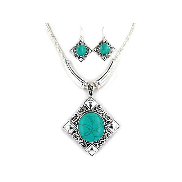 Semi-Precious Square TQ Stone Necklace & Earrings Set - NE-AS3502-ASTQ