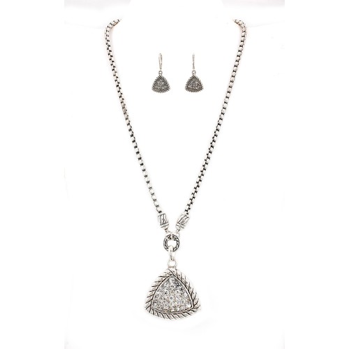 Western Style Casting Rhinestone Necklace & Earrings Set w/ Paved Triangle Charm - NE-OS00589ASCRY
