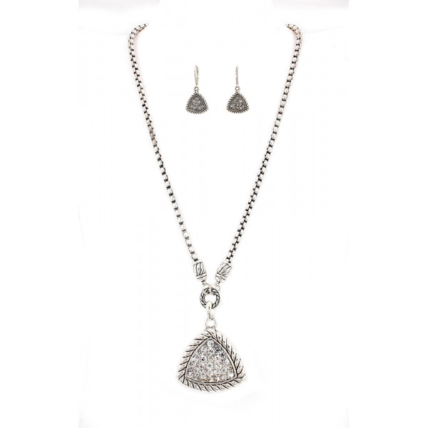 Western Style Casting Rhinestone Necklace & Earrings Set w/ Paved Triangle Charm - NE-OS00589ASCRY