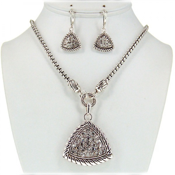 Western Style Casting Rhinestone Necklace & Earrings Set w/ Paved Triangle Charm - NE-OS00589ASCRY