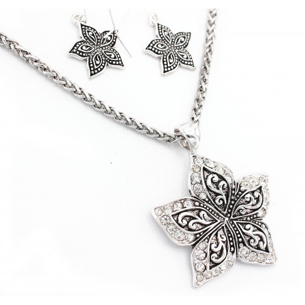 Western Style - Casting Rhinestone Necklace & Earrings Set w/ Flower Charm - NE-OS01540ASCRY