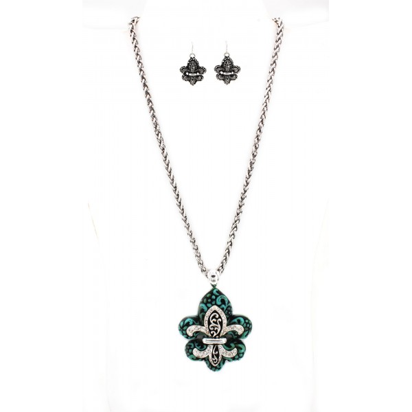 Western Style - Casting Necklace & Earrings Set w/ Fleur De Lis Charm - NE-OS01843ASTQS