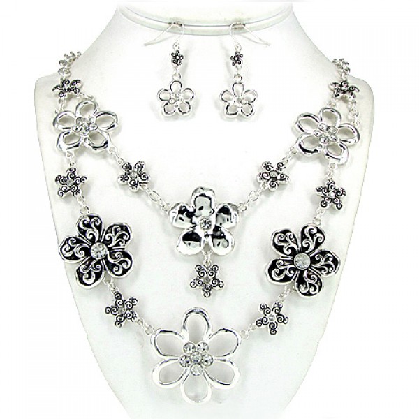 Western Style Casting Multi Chain Flower Necklace & Earrings Set - NE-OS01993AS