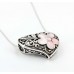 Casting Silver Filigree Heart Charm Necklace w/ Rose Quartz Flower Accent - NE-P5297PK
