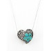 Casting Silver Filigree Heart Charm Necklace w/ Turquoise Flower Accent - NE-P5297TQ