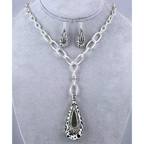 Western Style Rhinestone Tear Drop Charm Necklace & Earring Set - Silver - NE-S6735LASCY