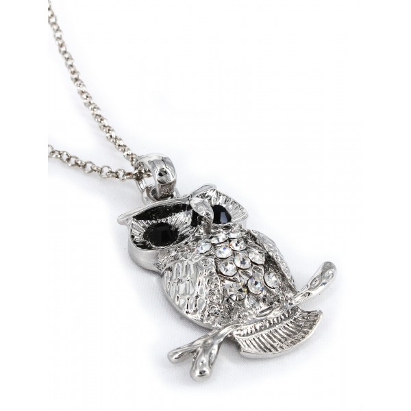 Rhinestone Necklace - Owl Charm - 14" - Clear - NE-12220