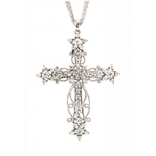 Multi Chains Rhinestone Cross Charm Necklaces - Clear - NE-JN0191CL