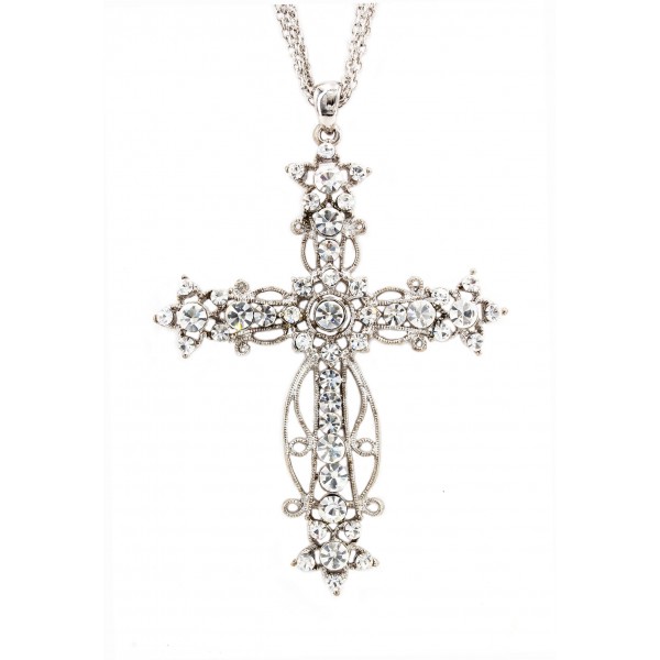 Multi Chains Rhinestone Cross Charm Necklaces - Clear - NE-JN0191CL