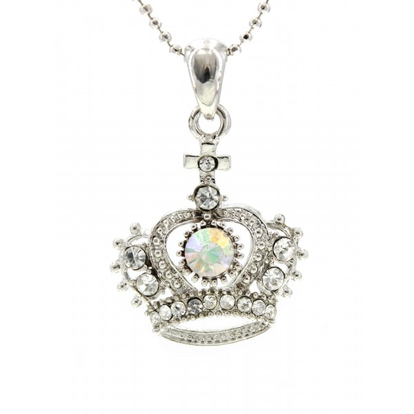 Rhinestone Crown Charm Necklaces - Clear Color - NE-JN0180CL