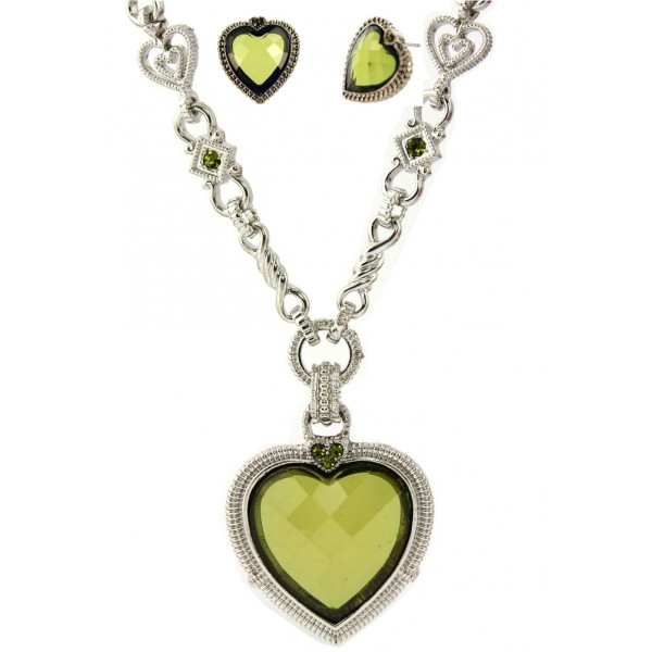 Necklace - Rhodium Chain w/Faceted Glass Heart Charm NE & Earring Set - Olive Green - NE-S6315LRDOV