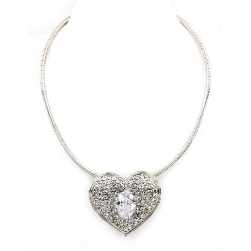 Necklace - Rhinestone Heart Charm w/CZ Necklace - Clear - NE-TJ026CL