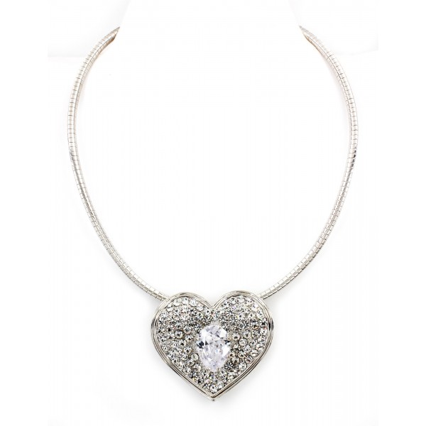 Necklace - Rhinestone Heart Charm w/CZ Necklace - Clear - NE-TJ026CL